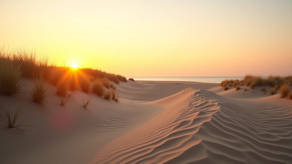 Piaszczysta plaża z wydmami w świetle zachodzącego słońca, złote światło, sezonowa zmiana